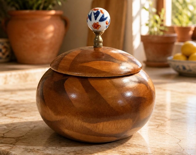 Vintage hand-turned lidded wooden bowl with hand-painted ceramic finial 8” x 8”