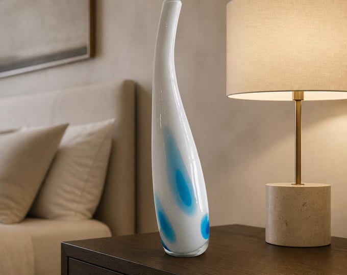 Mid Century Modern Murano Style Hand-Blown Vase: Turquoise Accent, 17.5” Tall