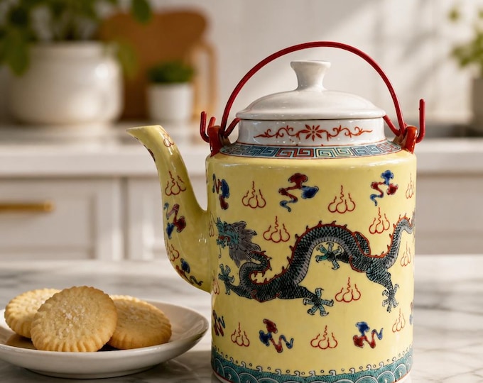 Vintage Chinese yellow ground teapot with dragon motif 8” x 7”