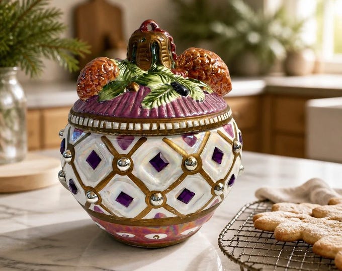 Vintage decorative ceramic lidded round box with pinecone theme 8” x 7”