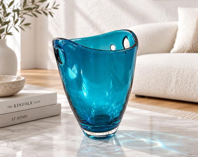 Vintage MCM style hand-blown turquoise glass vase/bowl. 9-3/4” x 7.5”