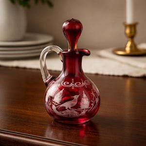 Vintage Egermann Bohemian red ruby cut to clear etched glass cruet with stopper