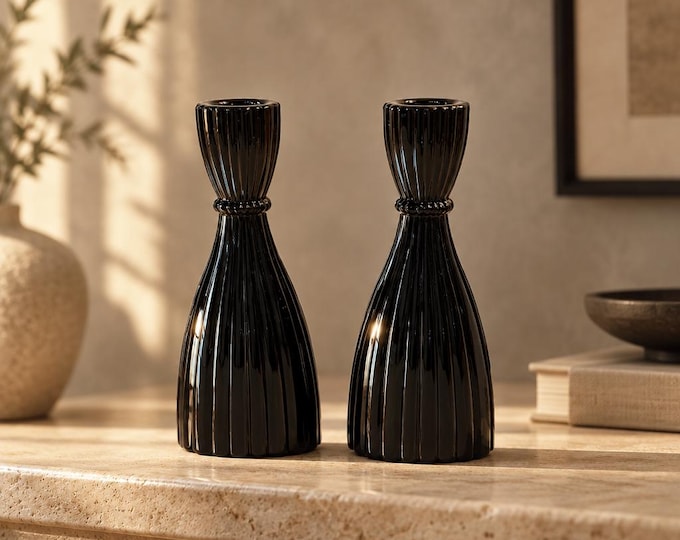 Vintage MCM black glass taper candle holders 6” x 2.5”