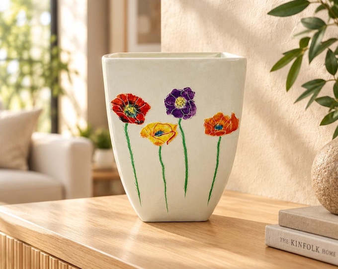 Vintage hand painted vase with stylized enameled poppies 7” x 5.25”