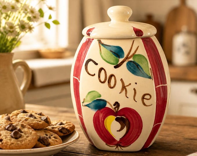 Vintage Purinton Pottery slip ware cookie jar with hand-painted apple 9.5”
