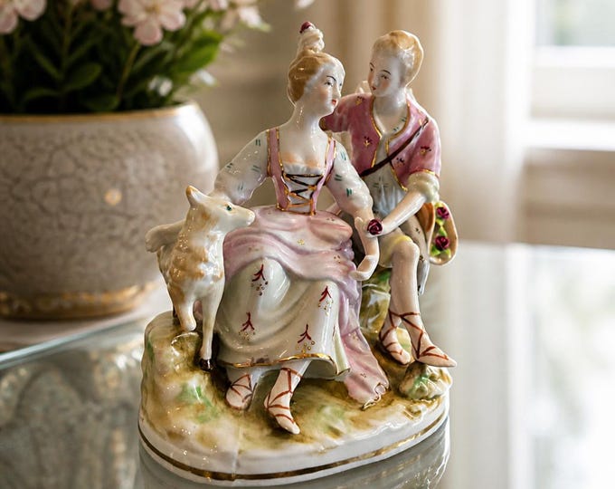 Antique Meissen style porcelain figurine of courting couple with lamb 6.5” x 6”
