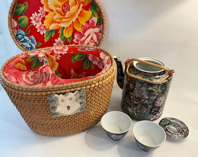 Vintage Chinese floral porcelain tea set woven basket collectible