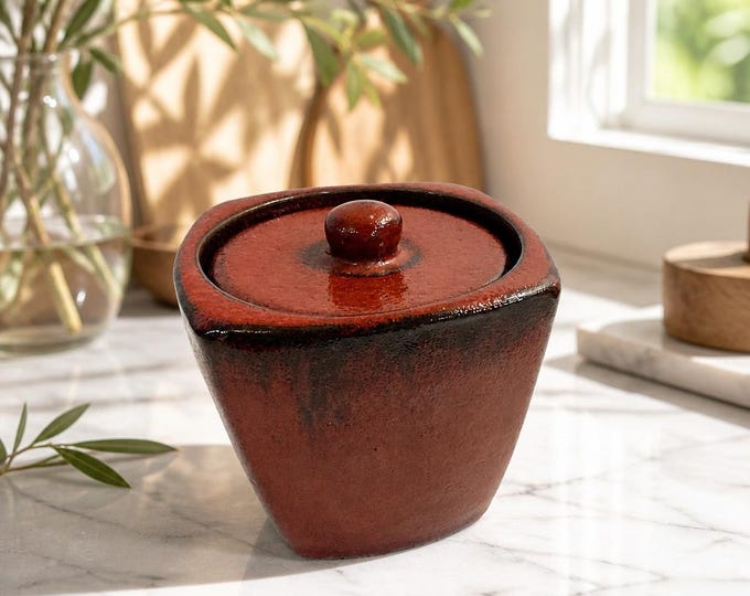 Vintage Japanese stoneware and lacquer lidded crock/water container with lid 4.5” x 5”