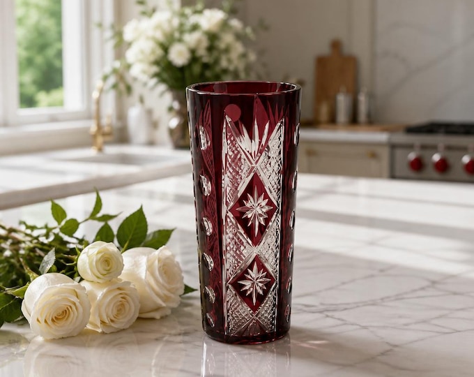 Vintage Bohemian Czech Crystal cut to clear amethyst vase- 10”