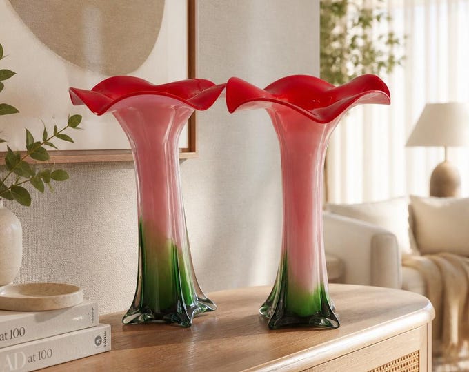 PAIR of Vintage hand-blown “jack-in-the-pulpit” Murano style red cased vases- 14.5” x 9”