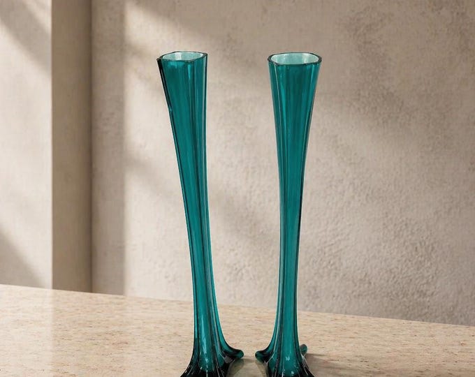 Vintage Aqua Blue Hand-Blown MCM Vases Pair, 19.5” Tall