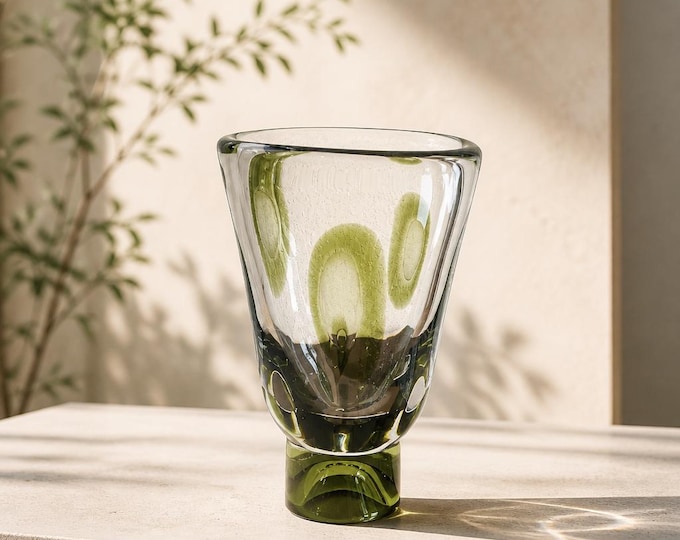 Vintage MCM Art Glass Vase – Green Inclusions, Flared Rim (11” x 6.5")
