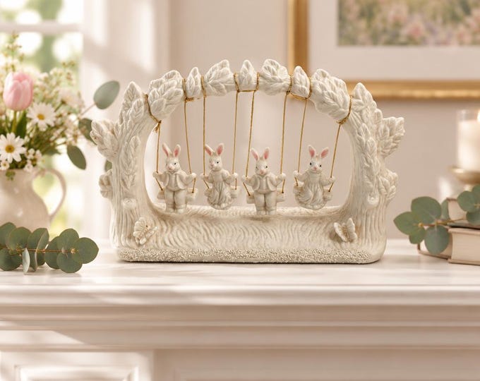 Vintage Jade Collection bunnies on a swing 9” x 6”