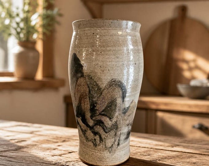 Vintage Signed American art studio pottery abstract design vase- 9” x 5”
