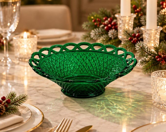 Vintage Steigel Imperial Glass emerald green bowl with lace detail trim- 9” x 3”