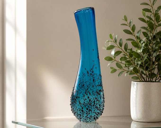 Vintage MCM hand-blown art glass vase black splatter overlay