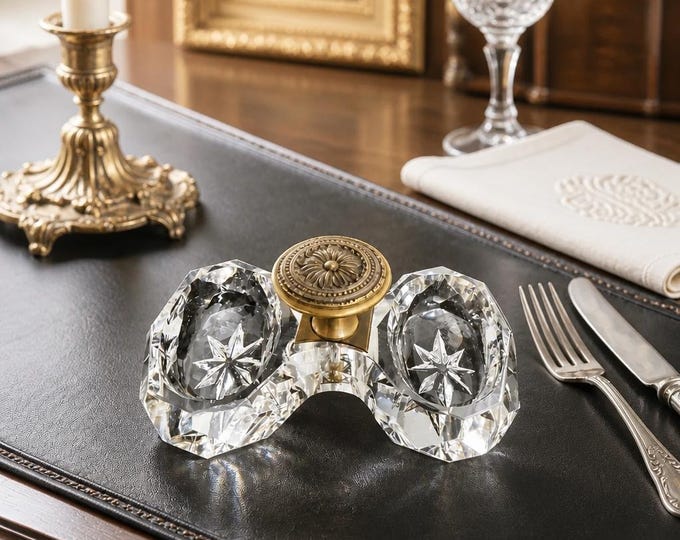 Antique crystal double salt cellar with brass handle 5” x 2” x 3”