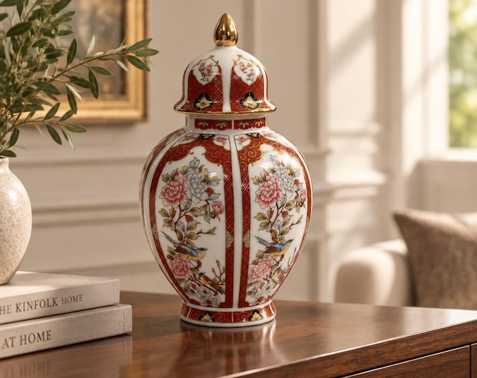 Vintage Japanese Imari porcelain ginger jar with lid by Eiwa Kensei 7” x 3.5”