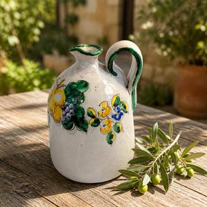 May include: A white ceramic pitcher with a rounded body and a single handle, featuring hand-painted floral and fruit motifs in yellow, green, and blue. The rim and handle are accented with a dark green painted trim, and the surface has a glossy finish.