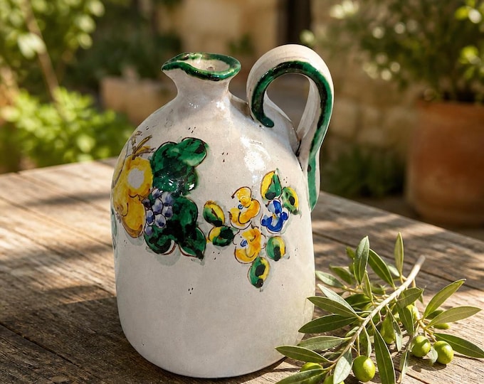 Hand painted Spanish Seville Rocio Triana hand crafted pottery jug 6.5” x 5”