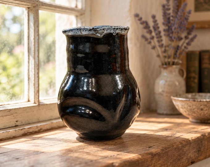Contemporary hand-thrown studio pottery vase with reactive blue glazes 6.5” x 5”