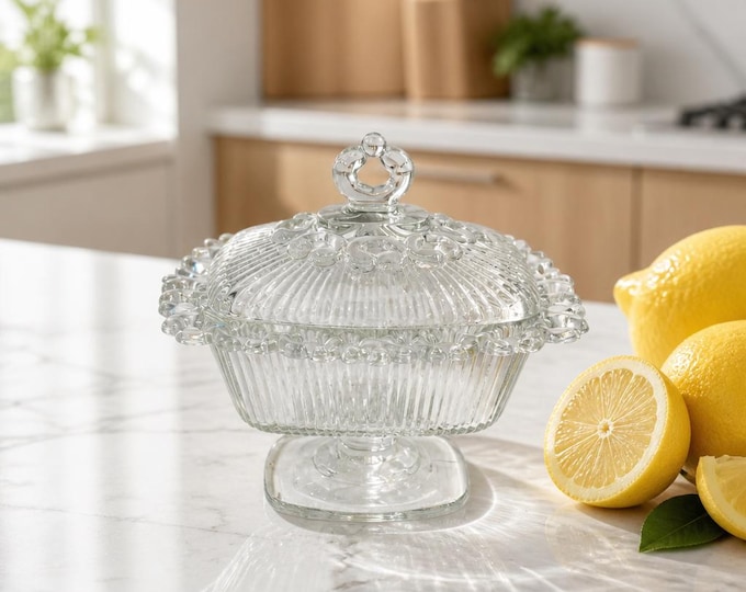 Vintage Indiana Glass clear ribbed lace lidded pedestal dish