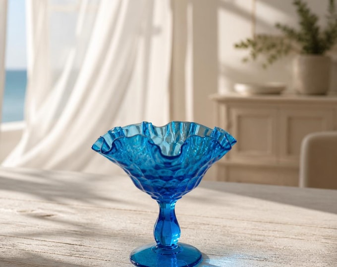 Vintage Fenton thumbnail colonial blue ruffle rim pedestal dish