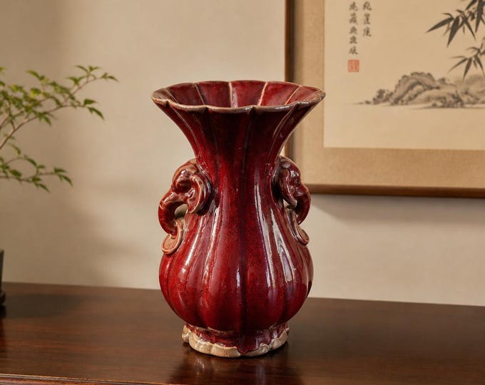 Vintage Chinese Red Flambe Glaze Vase – Elephant Handles, 7”