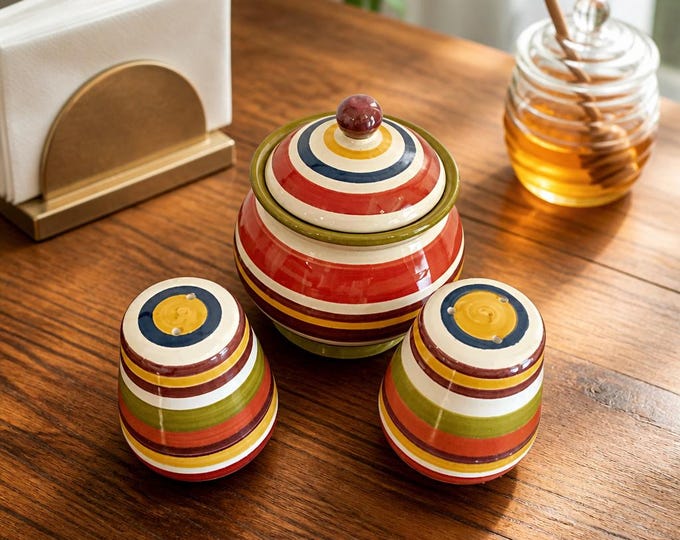 Vintage set of ceramic pottery sugar bowl with salt & pepper shakers