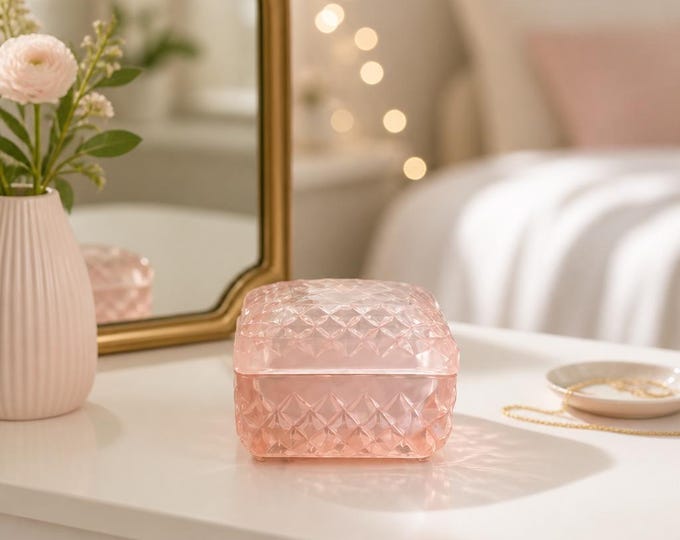 Vintage petite pink frosted faceted glass box with lid.  3” x 2”