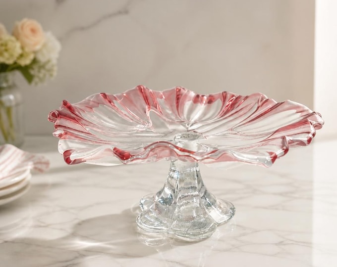 Walther glass “Sylvia” pattern cranberry glass pedestal cake stand 9”
