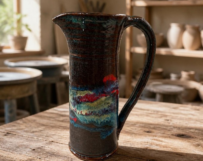 Vintage signed tall studio pottery pitcher with reactive glazes- 9” x 6”