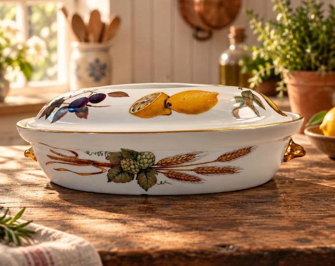 Vintage Royal Worcester Eversham pattern handled covered dish 4” x 12”