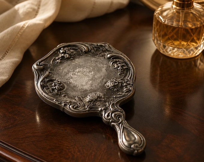 Antique Silver Plated Hand Mirror – Ornate Floral Design, 10” x 6”