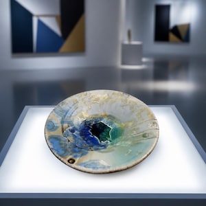 May include: A shallow ceramic bowl featuring a crystalline glaze with a color palette of deep blue, turquoise, and cream. The center of the bowl has a dark, textured opening, while the outer edges display a smooth, glossy finish with gold accents.