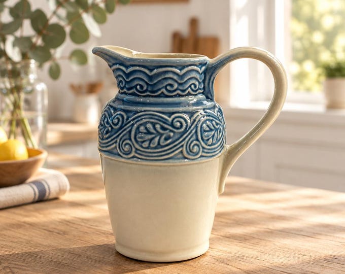 Vintage cornflower blue American Craft ceramic pottery pitcher by Longaberger