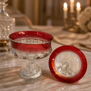 May include: A clear glass pedestal bowl with a deep red rim and a textured hobnail pattern on the base and bowl. The bowl features a wide, circular opening and a matching red-rimmed glass lid placed beside it, showing a central starburst design.
