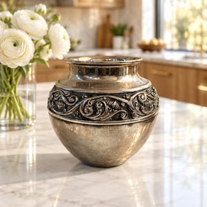 May include: A metallic silver-toned vase with a wide, rounded body and a flared rim. The center of the vase features a prominent, raised band decorated with intricate, swirling scrollwork and embossed floral-like patterns in a dark, oxidized finish.