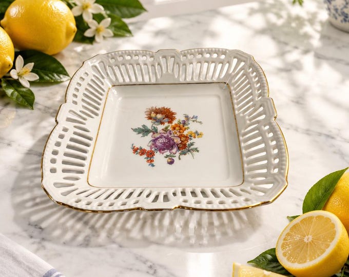 Vintage Schwarzenhammer German Bavarian reticulated square porcelain dish 1.5” x 6.25”