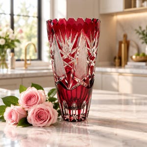 May include: A tall, deep red cut crystal vase featuring a scalloped rim and intricate geometric starburst patterns etched into the glass. The vase has a heavy, faceted base and sits alongside three light pink roses with green leaves.