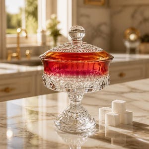 Vintage Indiana Glass King’s Crown thumbprint ruby flashed footed candy dish