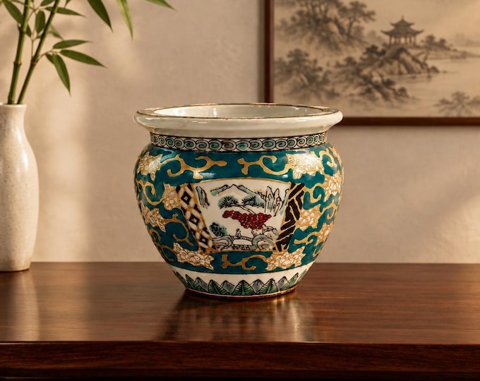 Vintage Gold Imari Japanese hand-painted ceramic porcelain planter 4” x 5”