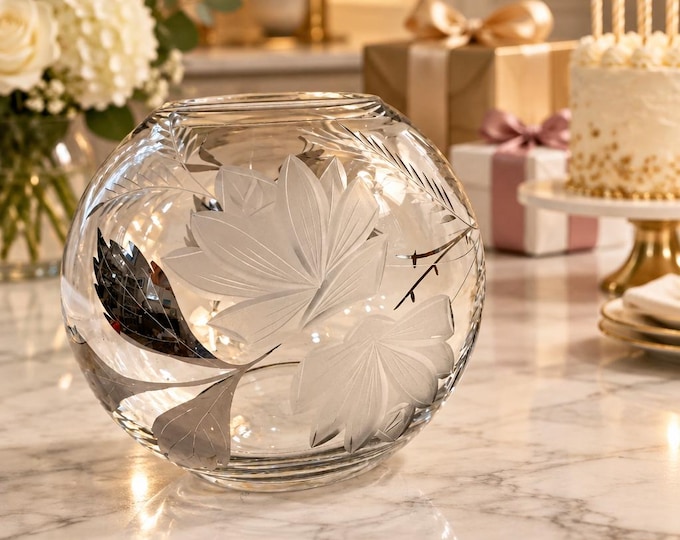 Vintage etched/frosted glass and sterling silver overlay rose bowl 6” x 6”