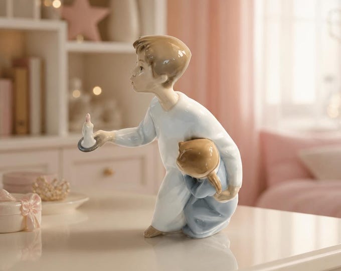 Vintage LLadro porcelain figurine of boy and girl with candle- 8” x 6”