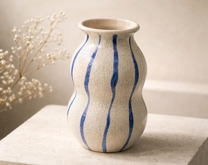Ivory and blue crackle finish modern gourde design vase- 8” tall