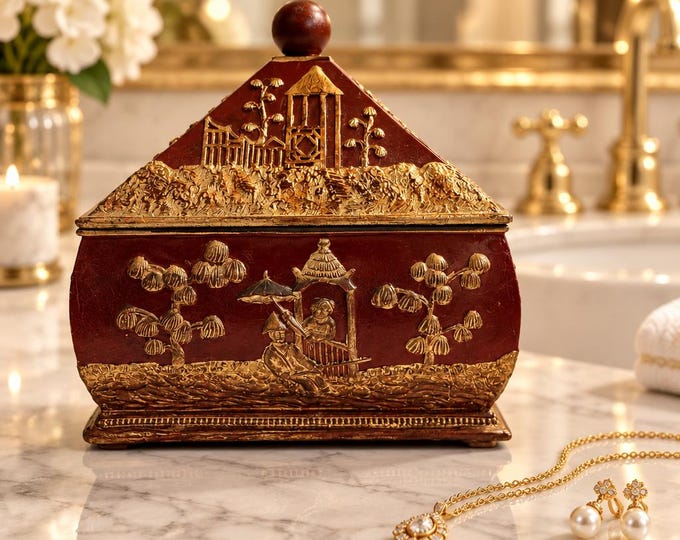 Vintage decorative Asian box with raised gold relief landscape 8” x 7.5”