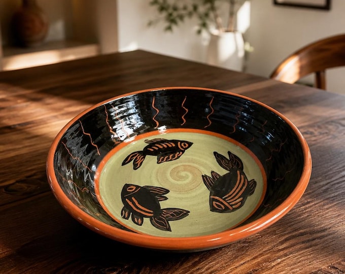 Vintage Signed Annabelle terracotta bowl with fish motif- 10” wide