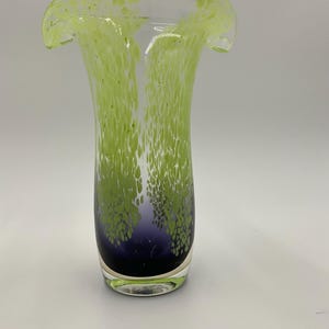 May include: A clear glass vase with a flared top and a cylindrical body. The vase features a speckled pattern of light green and dark green spots over a purple base. The base has a silver rim.