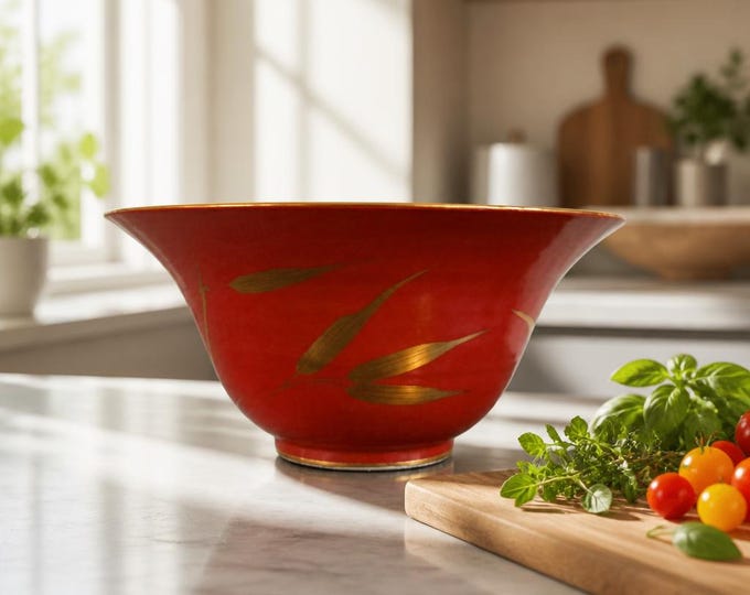 Vintage Fitz & Floyd red ceramic bowl with gold bamboo motif 9.25” x 5”