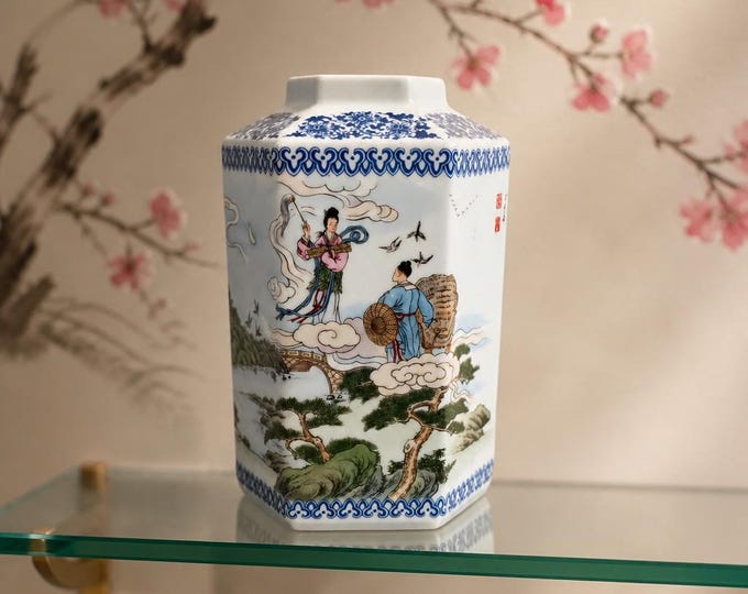Vintage Chinese hexagonal porcelain vase or hat stand 8” x 6”